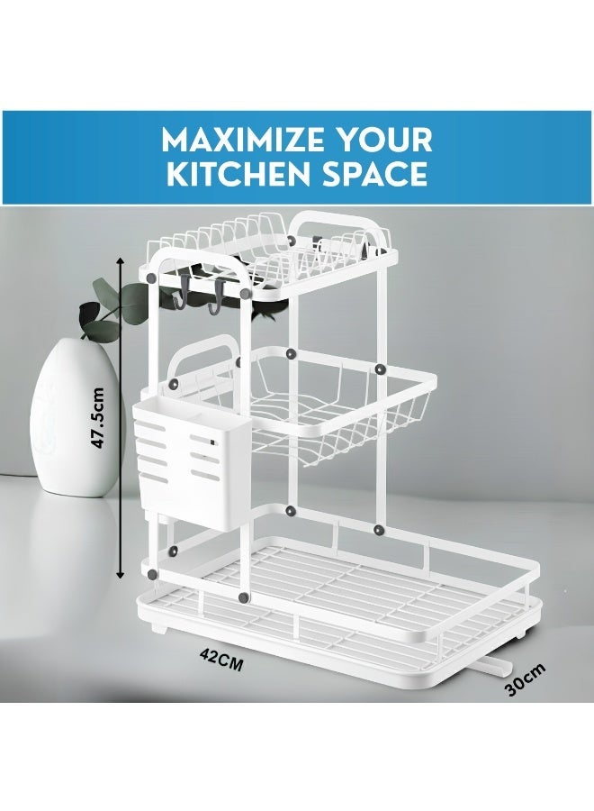 JUNI 3 Tier Dish Drying Rack for Kitchen Counter – Large Capacity Metal Dish Rack with Utensil & Knife Holder, Hooks, Drain Tray, Rustproof Dish Drainer for Plates, Bowls & Cups - Image 2