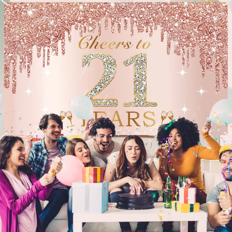 Excelloon Large Cheers to 21 Years Birthday Decorations for Women, Pink Rose Gold Happy 21st Birthday Banner Backdrop Party Supplies, 21 Year Old Birthday Poster Background Sign Decor - Image 4