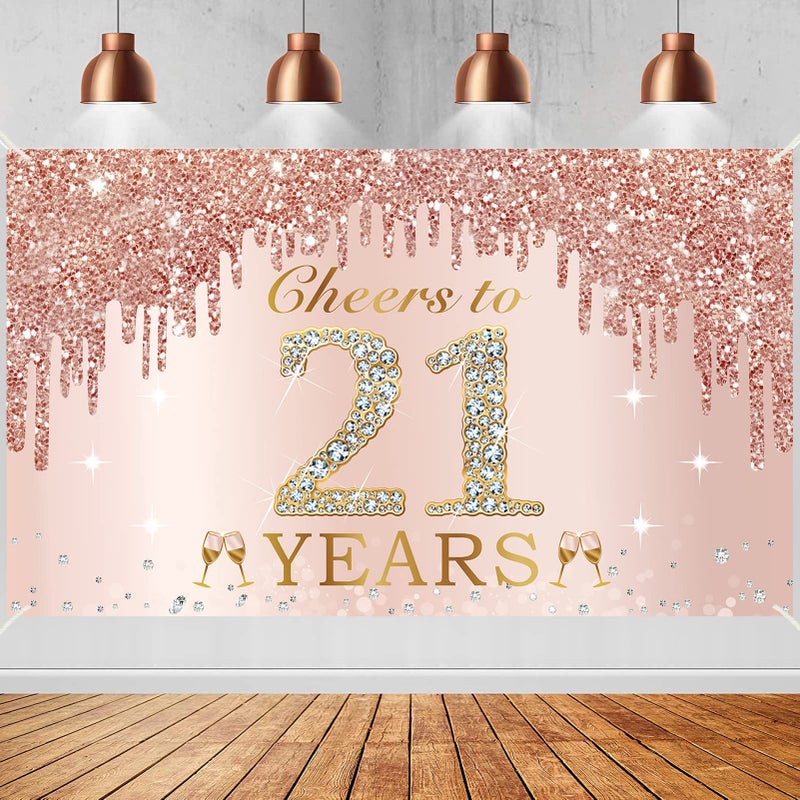 Excelloon Large Cheers to 21 Years Birthday Decorations for Women, Pink Rose Gold Happy 21st Birthday Banner Backdrop Party Supplies, 21 Year Old Birthday Poster Background Sign Decor - Image 1