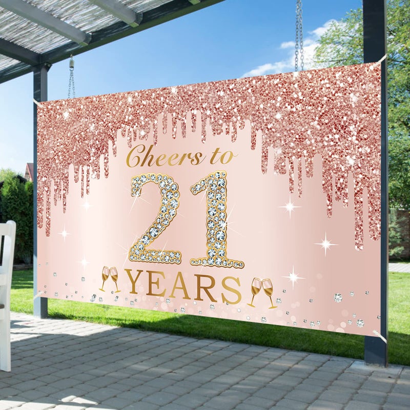 Excelloon Large Cheers to 21 Years Birthday Decorations for Women, Pink Rose Gold Happy 21st Birthday Banner Backdrop Party Supplies, 21 Year Old Birthday Poster Background Sign Decor - Image 3