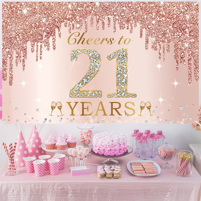 Excelloon Large Cheers to 21 Years Birthday Decorations for Women, Pink Rose Gold Happy 21st Birthday Banner Backdrop Party Supplies, 21 Year Old Birthday Poster Background Sign Decor - Image 5