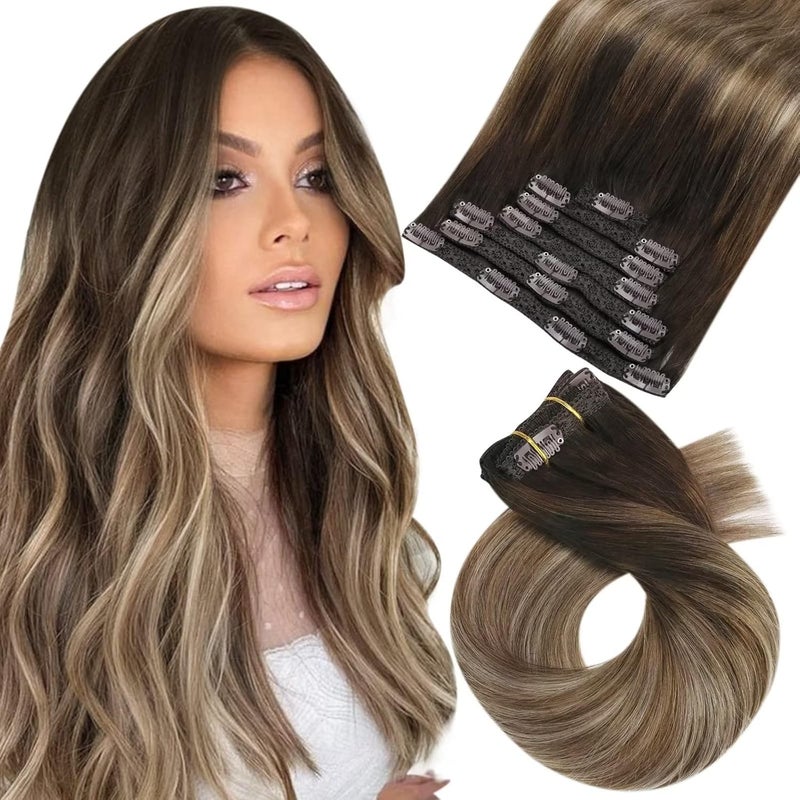 Moresoo Clip in Hair Extensions Balayage Human Hair Clip in Extensions Dark Brown to Golden Brown with Dark Ash Blonde Ombre Real Hair Extensions Clip in Human Hair Double Weft 16inch 7Pcs 120G