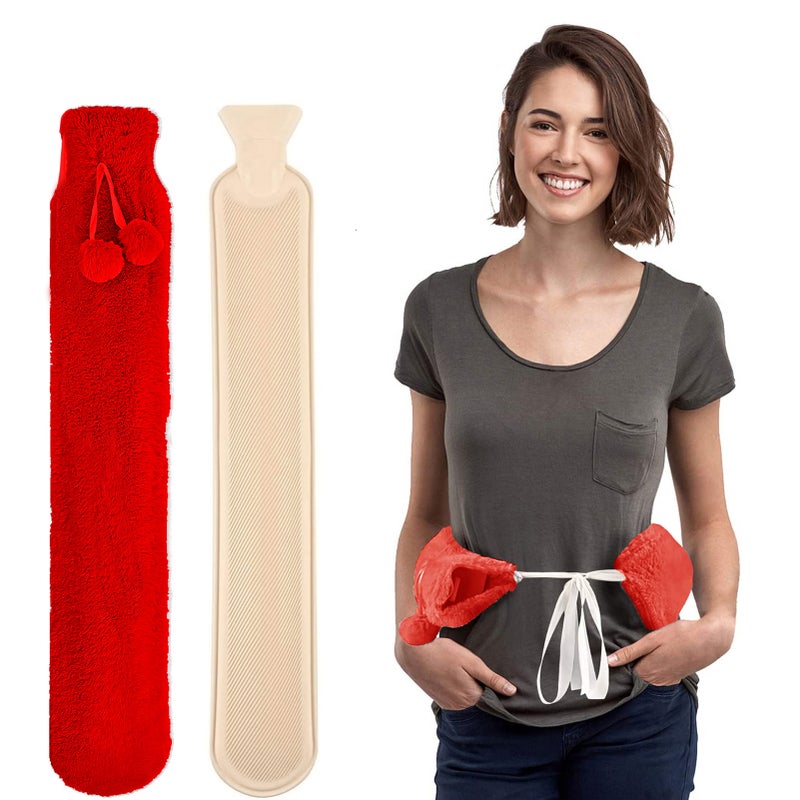 Long Hot Water Bag with Plush Cover 2L Large Capacity Rubber Hot Water Bottle Hand Feet Warmer for Bed Hot Compress Cold Therapy Waist Shoulder Pain Relief - Image 1