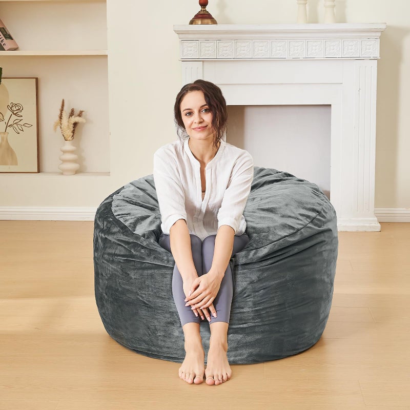 ILPEOD 3 Feet Bean Bag Chair - BeanBag Chairs for Adults, Living Room Furniture Sofa with Soft Micro Fiber Cover, Round Fluffy Couch for Bedroom College Dorm - Grey - Image 4