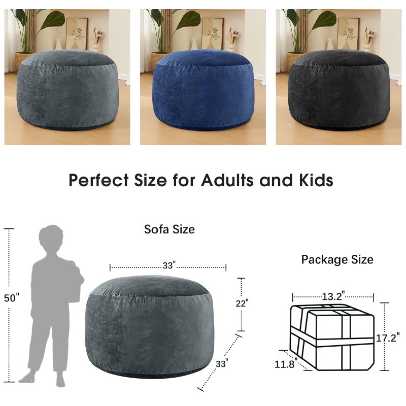 ILPEOD 3 Feet Bean Bag Chair - BeanBag Chairs for Adults, Living Room Furniture Sofa with Soft Micro Fiber Cover, Round Fluffy Couch for Bedroom College Dorm - Grey - Image 2