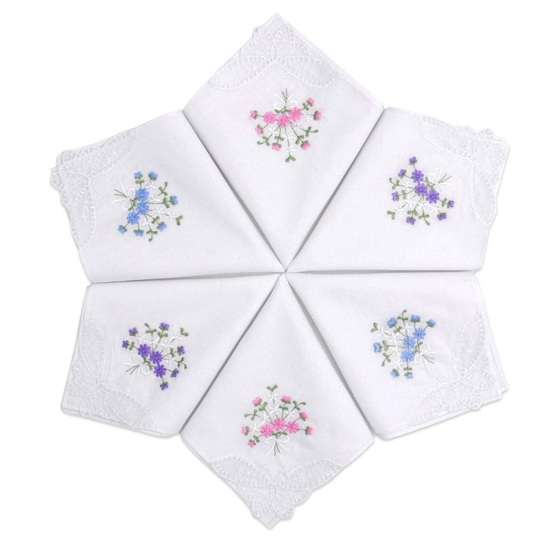 Selected Hanky Selected Hanky Womens Cotton Handkerchiefs Flower Embroidered with Lace Ladies Hankies 6 Pcs  Assorted