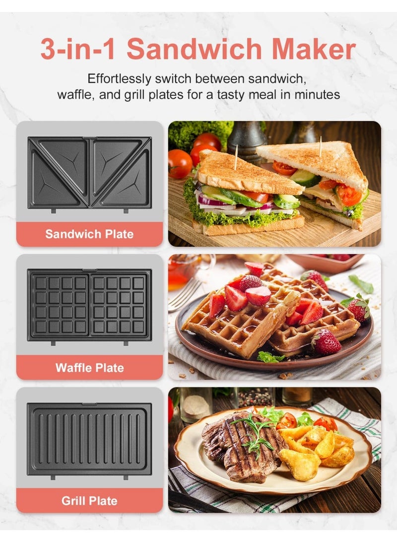 Crownful 3 in 1 Sandwich Maker, Waffle Maker & Grill, 750W Electric Panini Press with Removable Non-Stick Plates, Compact Breakfast Machine for Sandwiches, Waffles, Burgers & Steak - Image 3