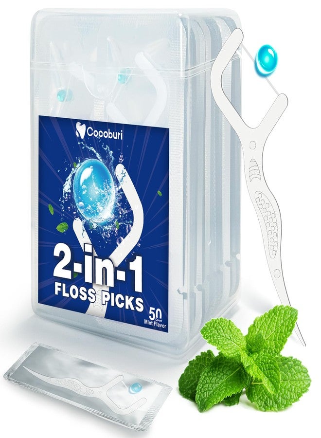 COCOBURI 2-in-1 Dental Floss Picks Individually Wrapped Floss Picks Oral Care Floss Sticks for Adults with Freshening Bead Mint Flavor 50 Count(1 Packs - Image 1