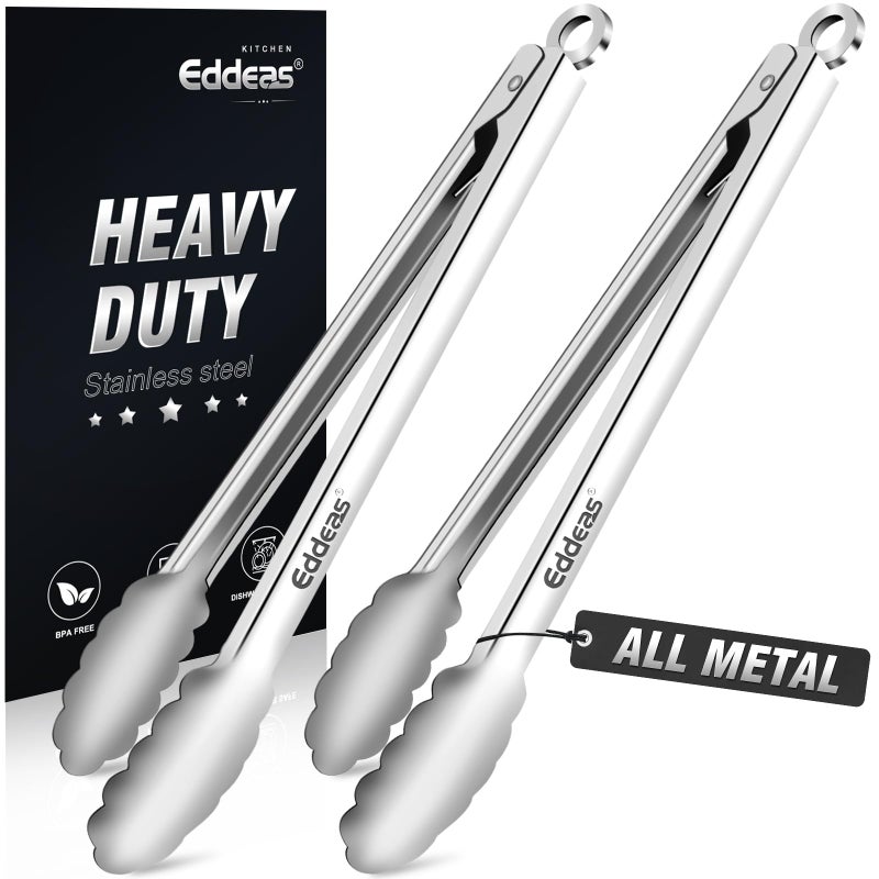 Eddeas 2PCS 12inch Kitchen Tongs - Heat Resistant 600 Degree Tongs for Cooking, Heavy Duty All Metal Food Tongs, Stainless Steel and Non-Slip handle, Salad, Grilling, Barbecue, Dishwasher safe - Image 1