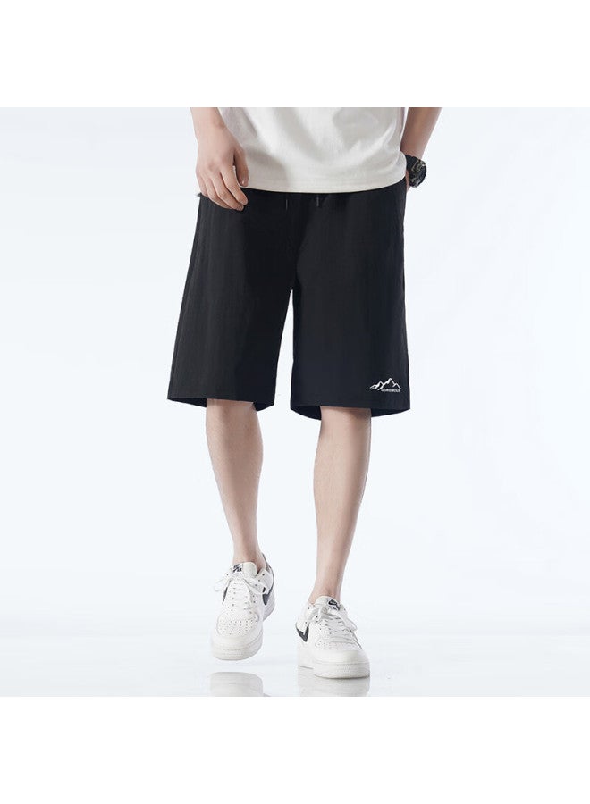 Homlean Men's American Style Shorts Summer Ice Silk Thin Breathable Basketball Shorts Oversized Casual Pants Cg03 Black 3XL - Image 1