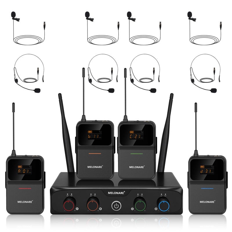 MELONARE 4-Channel Wireless Microphone System,UHF Compact Cordless Mic Set w/ 4x10 Frequencies, 200ft Range, 4 Bodypacks & Headset/Lapel Microphones for Singing, Church, Conference (MWM-41-4B) - Image 1