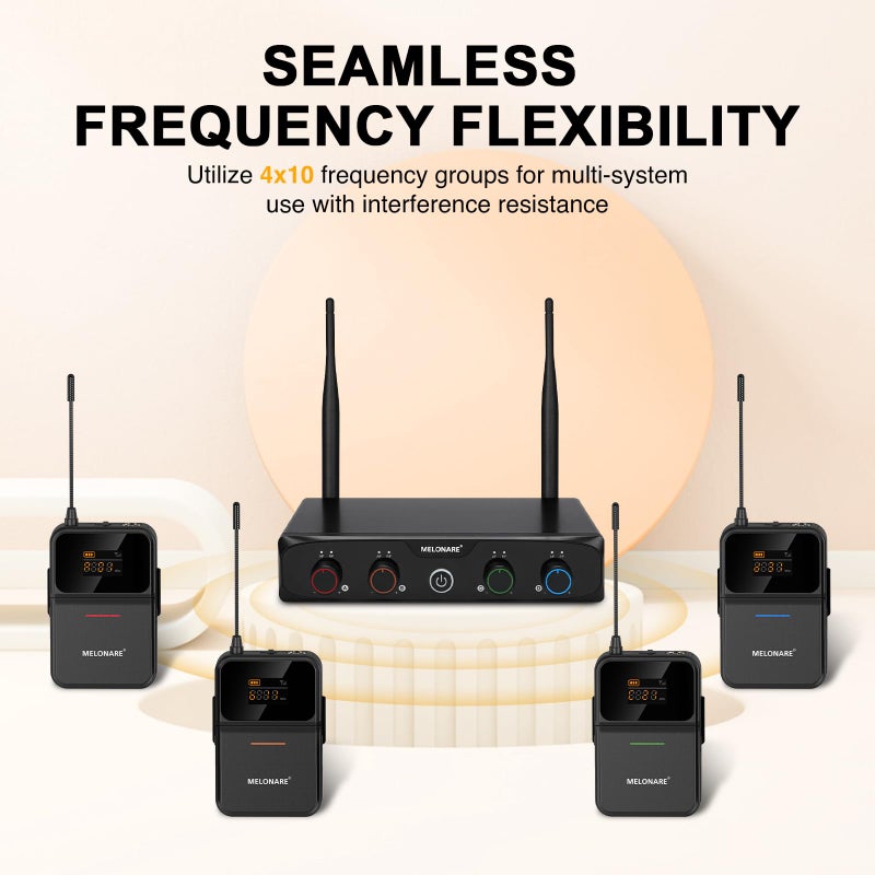 MELONARE 4-Channel Wireless Microphone System,UHF Compact Cordless Mic Set w/ 4x10 Frequencies, 200ft Range, 4 Bodypacks & Headset/Lapel Microphones for Singing, Church, Conference (MWM-41-4B) - Image 4