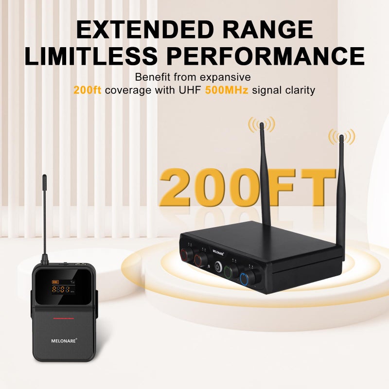 MELONARE 4-Channel Wireless Microphone System,UHF Compact Cordless Mic Set w/ 4x10 Frequencies, 200ft Range, 4 Bodypacks & Headset/Lapel Microphones for Singing, Church, Conference (MWM-41-4B) - Image 3