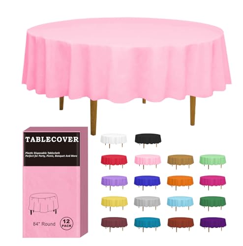 DZ Plastic Table Cloth Disposable 12 Pack Pink Round Tablecloth Individually Wrapped for IndoorOutdoor 84 Inch Table Cover for Party Picnic Birthday Wedding  Dinner