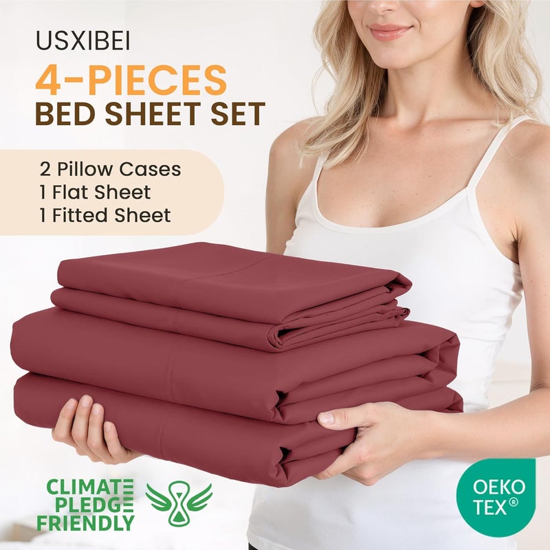 USXIBEI King Size 4 Piece Bed Sheet Set - Ultra Imitation Cotton-Premium Breathable & Cooling Sheets - Hotel Luxury Bed Sheets Deep Pocket up to 15"- Wrinkle, Fade, Stain Resistant (Burgundy, King) - Image 2