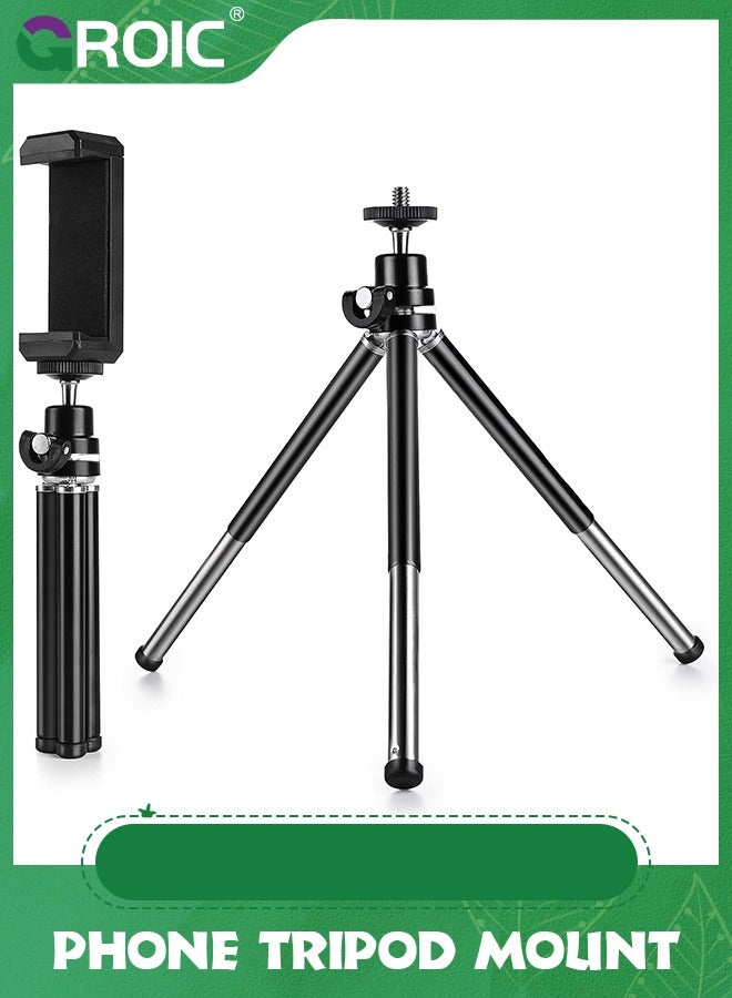 GROIC Black Mini Tripod, Multi-Purpose Compact Metal Extendable Lightweight Desktop Tripod for Webcam and Phone with Phone Holder