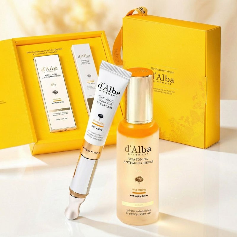 d'Alba Premium Vegan Vita Anti-Aging Mist & Eye Cream 2-Piece Gift Set
- Vita Toning Galvanic Wrinkle Eye Cream 15ml
- Vita Toning Anti-Aging Spray Serum 8% 70ml - Image 4