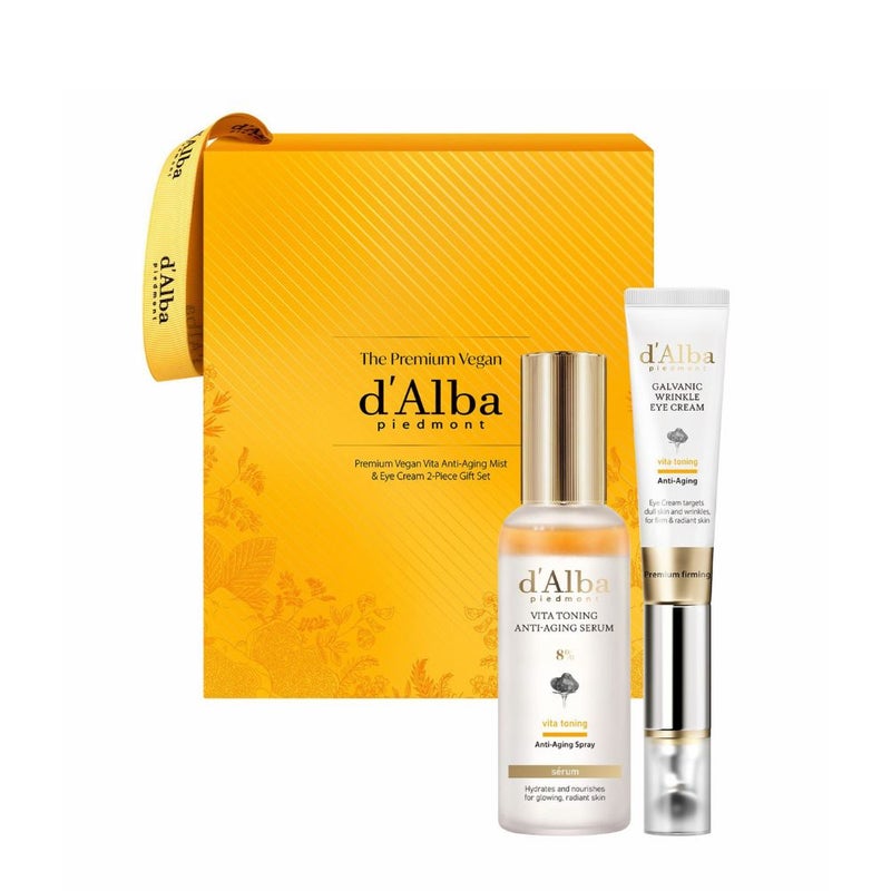 d'Alba Premium Vegan Vita Anti-Aging Mist & Eye Cream 2-Piece Gift Set
- Vita Toning Galvanic Wrinkle Eye Cream 15ml
- Vita Toning Anti-Aging Spray Serum 8% 70ml - Image 1