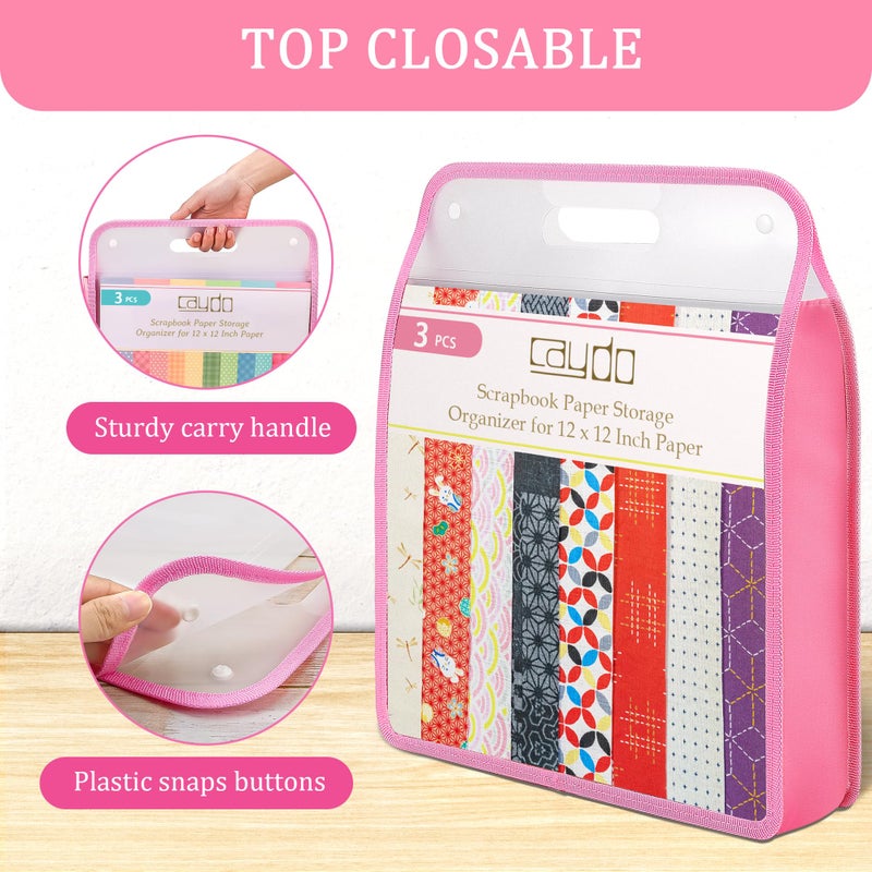 Caydo 3 Pack Scrapbook Paper Storage, Clear Expanding Folio with Handle, Portable 12 x 12 Paper Storage Organizer for Holding Scrapbook, Vinyl Paper, Cardstock (Blue, Pink, Black) - Image 4