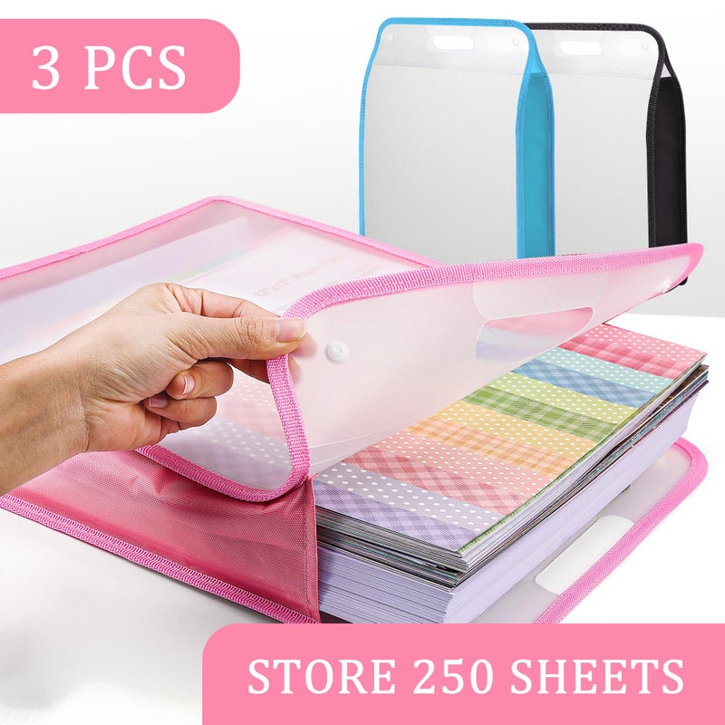 Caydo 3 Pack Scrapbook Paper Storage, Clear Expanding Folio with Handle, Portable 12 x 12 Paper Storage Organizer for Holding Scrapbook, Vinyl Paper, Cardstock (Blue, Pink, Black) - Image 3