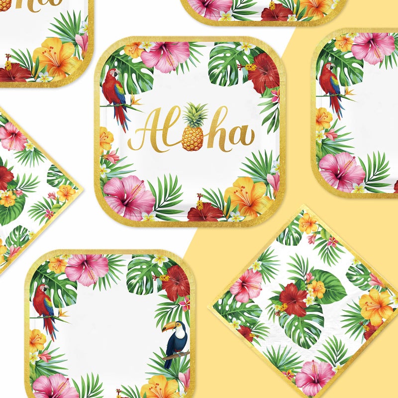 Grencian 200Pcs Hawaiian Luau Party Decorations Aloha Tropical Hibiscus Floral Luau Plates and Napkins Palm Leaf Tableware Sets for Summer Holiday Hawaiian Birthday Dinner Party Supplies Serves 50 - Image 5