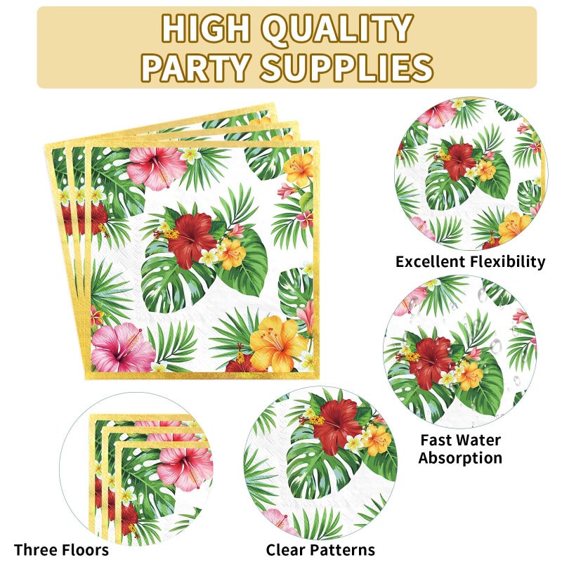 Grencian 200Pcs Hawaiian Luau Party Decorations Aloha Tropical Hibiscus Floral Luau Plates and Napkins Palm Leaf Tableware Sets for Summer Holiday Hawaiian Birthday Dinner Party Supplies Serves 50 - Image 3