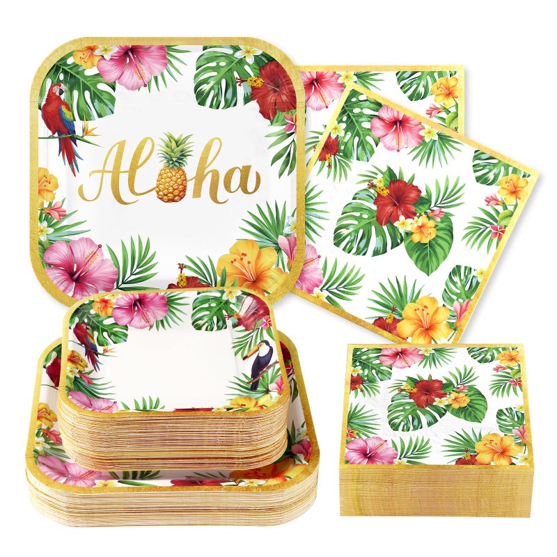 Grencian 200Pcs Hawaiian Luau Party Decorations Aloha Tropical Hibiscus Floral Luau Plates and Napkins Palm Leaf Tableware Sets for Summer Holiday Hawaiian Birthday Dinner Party Supplies Serves 50 - Image 1