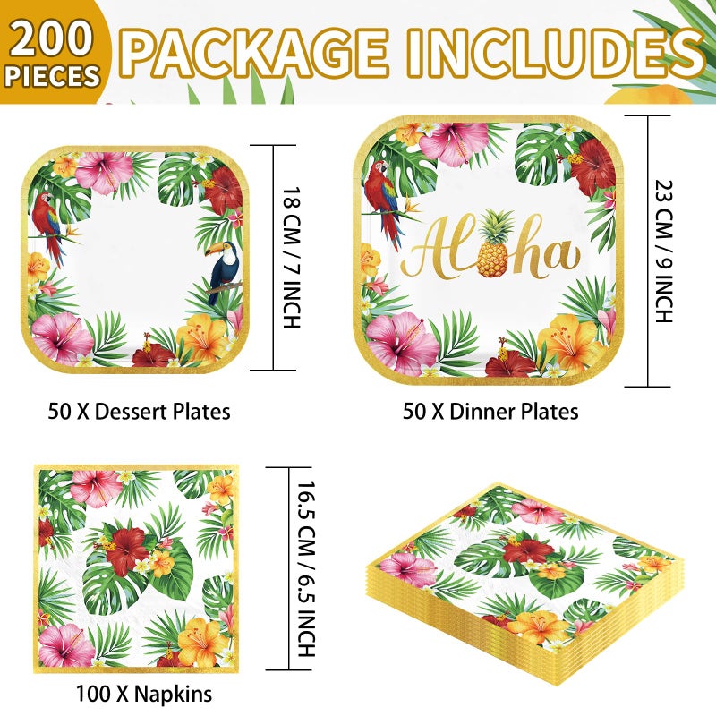 Grencian 200Pcs Hawaiian Luau Party Decorations Aloha Tropical Hibiscus Floral Luau Plates and Napkins Palm Leaf Tableware Sets for Summer Holiday Hawaiian Birthday Dinner Party Supplies Serves 50 - Image 2