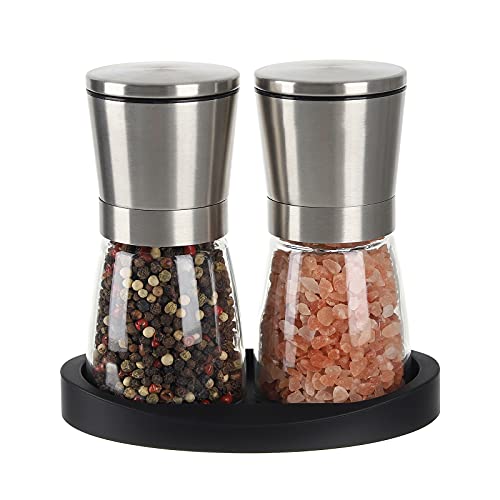 VEVOK CHEF Salt and Pepper Grinder Set Stainless Steel Adjustable Coarseness Ceramic Pepper Mill Salt Crusher with Silicone Tray Salt and Pepper Shaker Spice Grinder Kitchen - Image 1