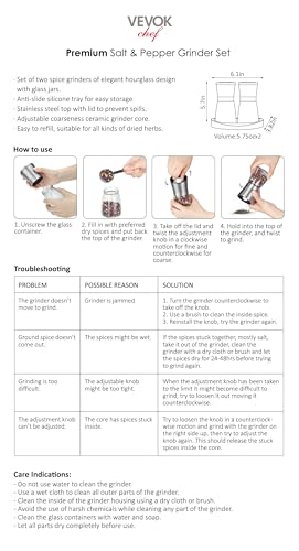 VEVOK CHEF Salt and Pepper Grinder Set Stainless Steel Adjustable Coarseness Ceramic Pepper Mill Salt Crusher with Silicone Tray Salt and Pepper Shaker Spice Grinder Kitchen - Image 5