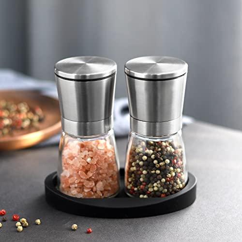 VEVOK CHEF Salt and Pepper Grinder Set Stainless Steel Adjustable Coarseness Ceramic Pepper Mill Salt Crusher with Silicone Tray Salt and Pepper Shaker Spice Grinder Kitchen - Image 4
