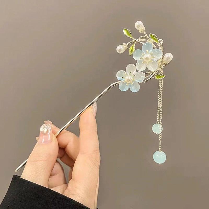 Generic Elegant Tassel Hairpin with Traditional Chinese Style Double Blue Flower Hairpin 