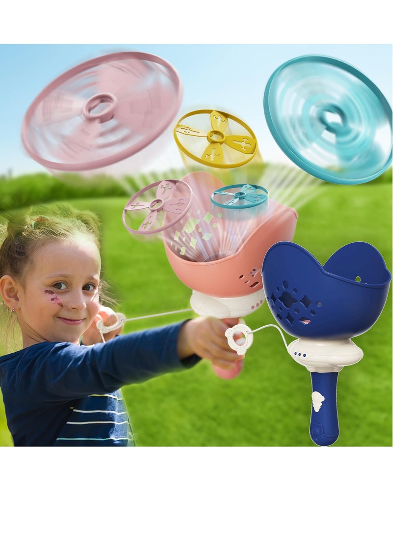 SYOSI 2Pcs Flying Disc Launcher Toy Handheld Flying Disc Catching Game Hand-Thrown Pull Line Ejection Bamboo Dragonfly Toy 2 Launchers and 8 Flying Saucers Fun Outdoor Educational Games for Kids 3+ - Image 1