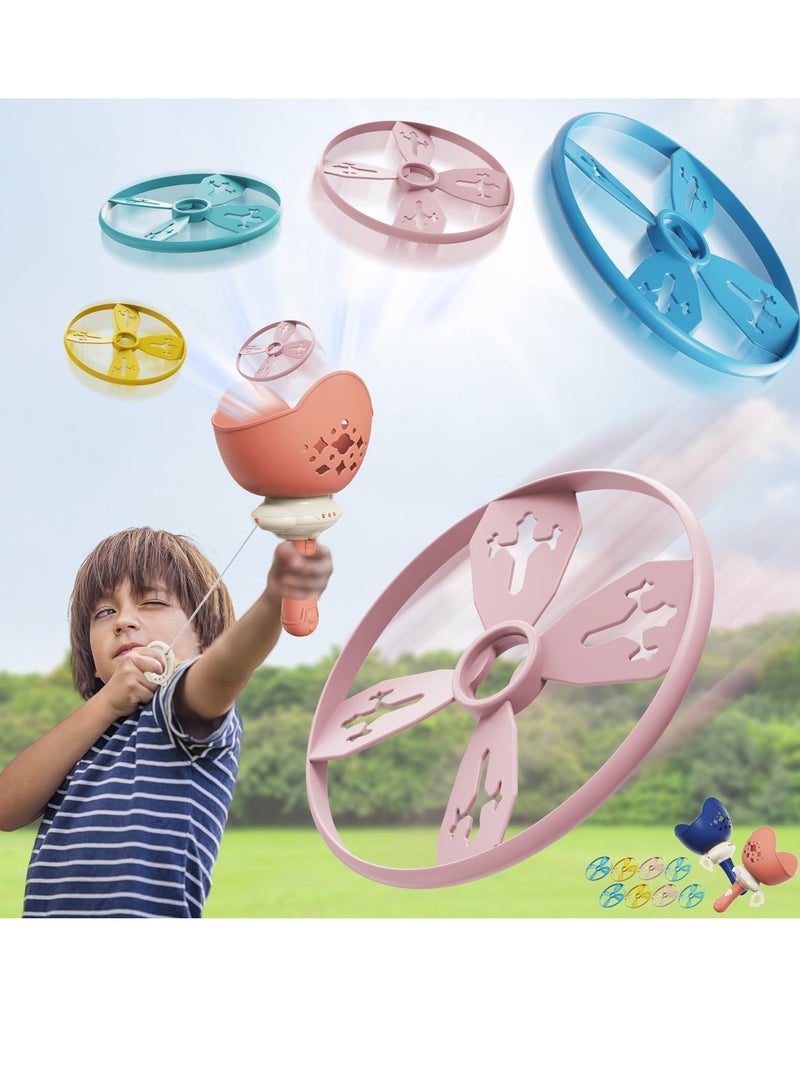 SYOSI 2Pcs Flying Disc Launcher Toy Handheld Flying Disc Catching Game Hand-Thrown Pull Line Ejection Bamboo Dragonfly Toy 2 Launchers and 8 Flying Saucers Fun Outdoor Educational Games for Kids 3+ - Image 2