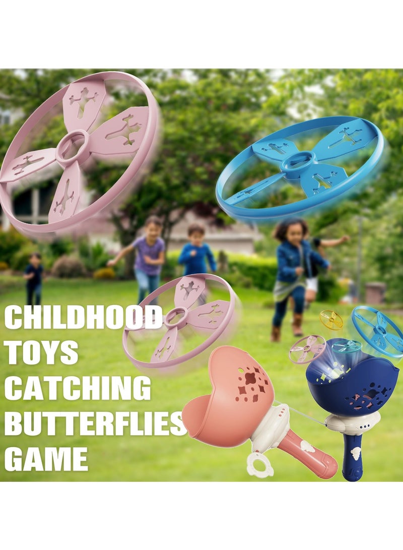 SYOSI 2Pcs Flying Disc Launcher Toy Handheld Flying Disc Catching Game Hand-Thrown Pull Line Ejection Bamboo Dragonfly Toy 2 Launchers and 8 Flying Saucers Fun Outdoor Educational Games for Kids 3+ - Image 3