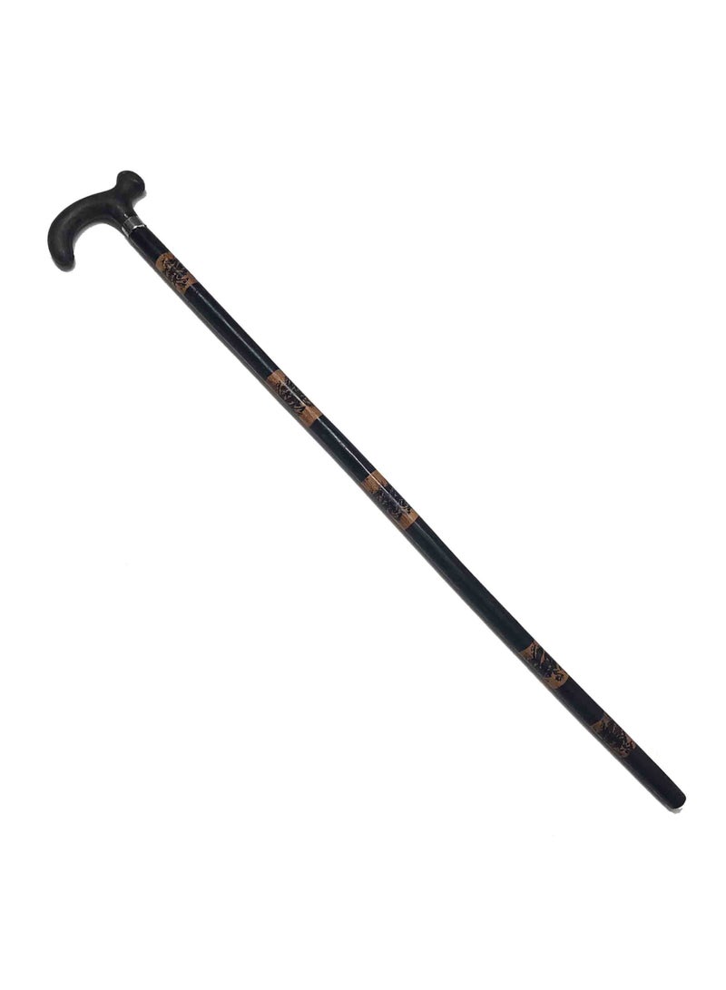 Generic Wooden cane with black and brown engraved plastic handle - Image 1