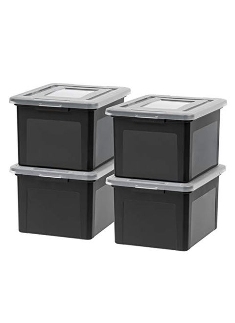 IRIS USA File Box Plastic File Organizer with Lids for LetterLegal File Portable Document Box For Moving Storage Bin with Durable and Secure Lid Stackable Nestable BPAFree Black 35 Qt 4 Pack