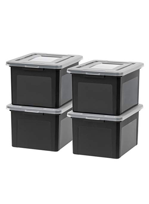 IRIS IRIS USA File Box Plastic File Organizer with Lids for LetterLegal File Portable Document Box For Moving Storage Bin with Durable and Secure Lid Stackable Nestable BPAFree Black 35 Qt 4 Pack 