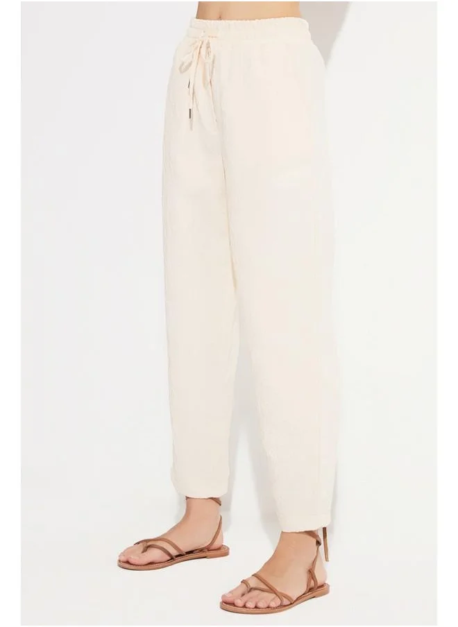 جون June Women Exclusive Waist Elastic High Waist Self Patterned Trouser Light Beige