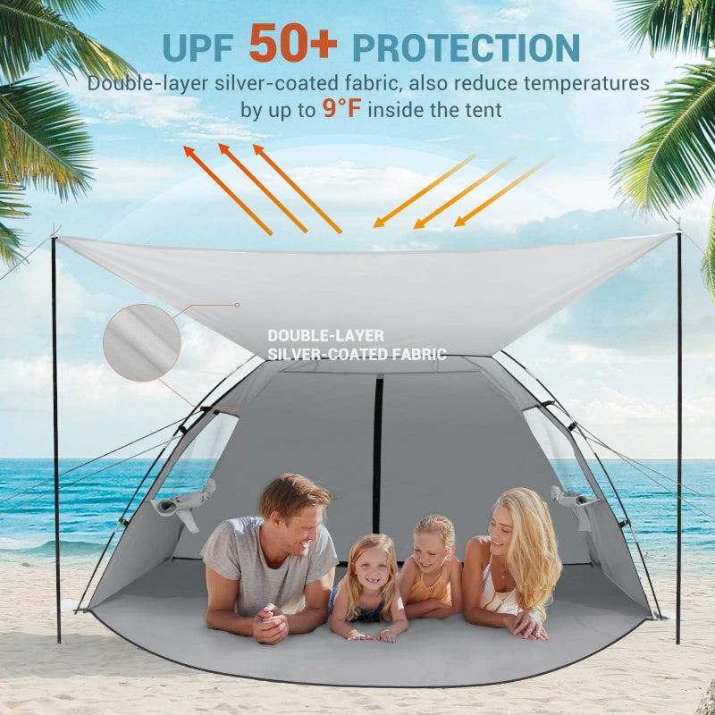 Elegear CumbreXâ„¢ Beach Tent Sun Shelter with Canopy, 4-5 Person Pop Up Beach Tent, Easy Setup UPF 50+ UV Protection Portable Lightweight Double Silver Coating Cabana Sun Shade Shelter - Silver - Image 4