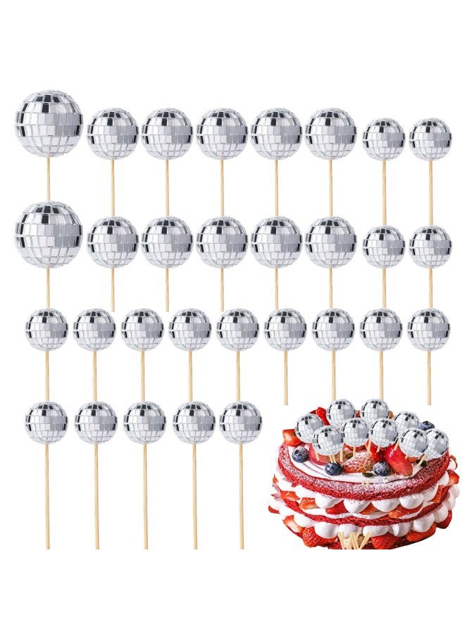 SAVITA 30 Pieces Disco Ball Cupcake Toppers Mini Disco Ball Picks Disco Theme Cake Toppers for Cake Decorations Cupcake Decor Dessert Accessories Disco Party Ornament (Silver) - Image 1