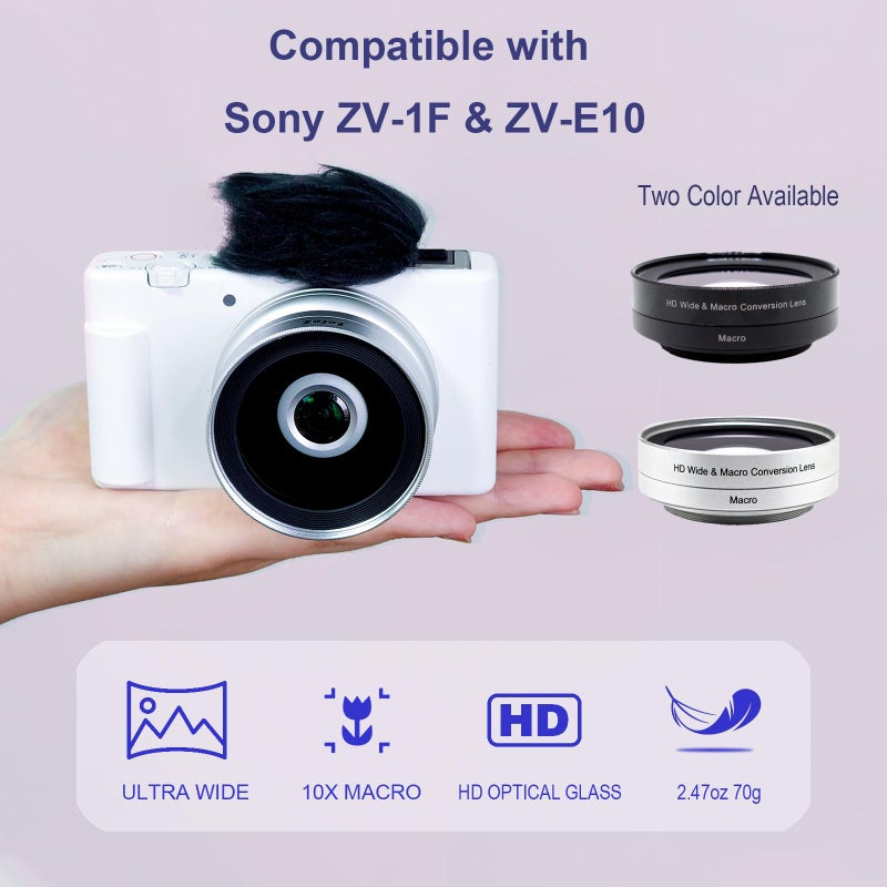 FotoZ عدسة تحويل واسعة الزاوية الصغيرة FotoZ 40.5mm 0.75x (مع ماكرو) ، لكاميرات Sony ZV-1F ZV-E10 ، ZV-E10 MarkII A6400 A6700 ، ملحقات متوافقة مع عدسة الكيت 16-50mm ، PZ 16-50mm OSS II (فضية) - Image 2