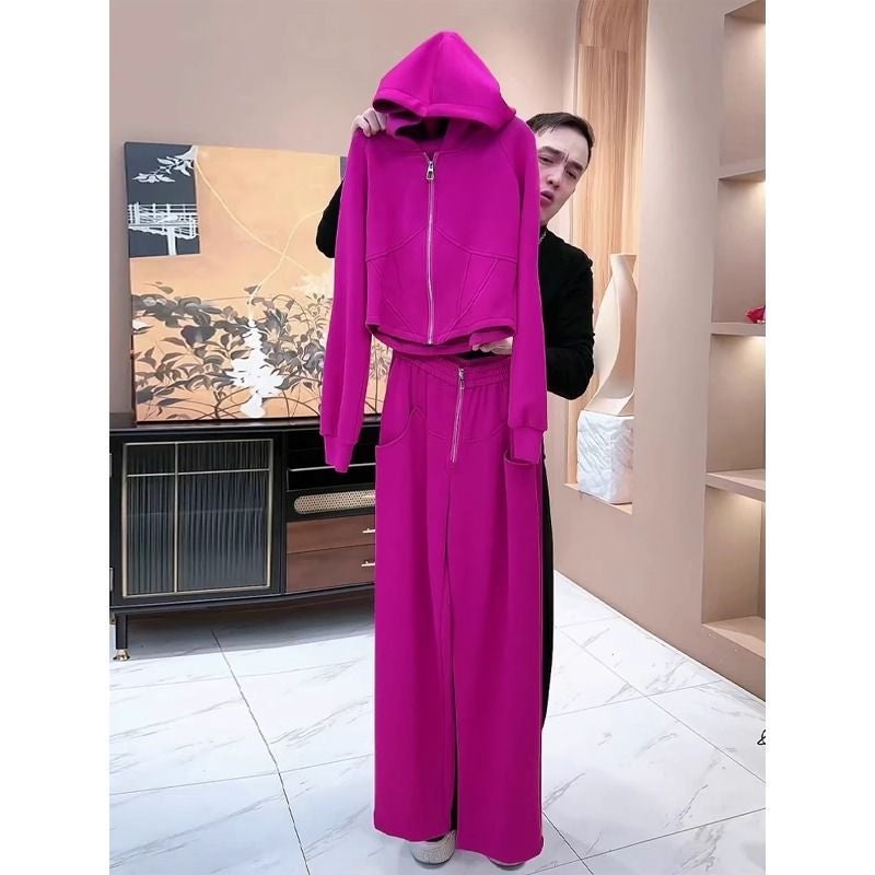 Women's Casual Tracksuit Set with Cropped Jacket (Rose Red) - Image 1