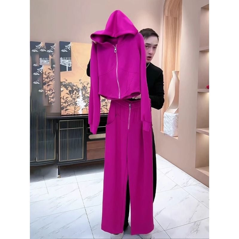 Women's Casual Tracksuit Set with Cropped Jacket (Rose Red) - Image 2