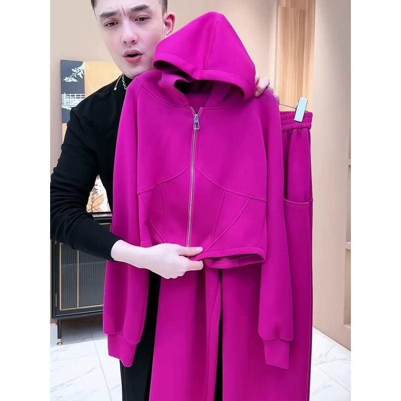 Women's Casual Tracksuit Set with Cropped Jacket (Rose Red) - Image 5