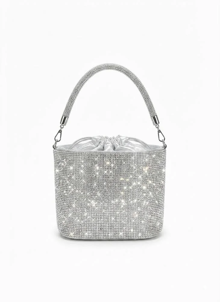 Viny Women's Crystal Mesh Bucket Bag – Rhinestone Top Handle with Drawstring Closure
