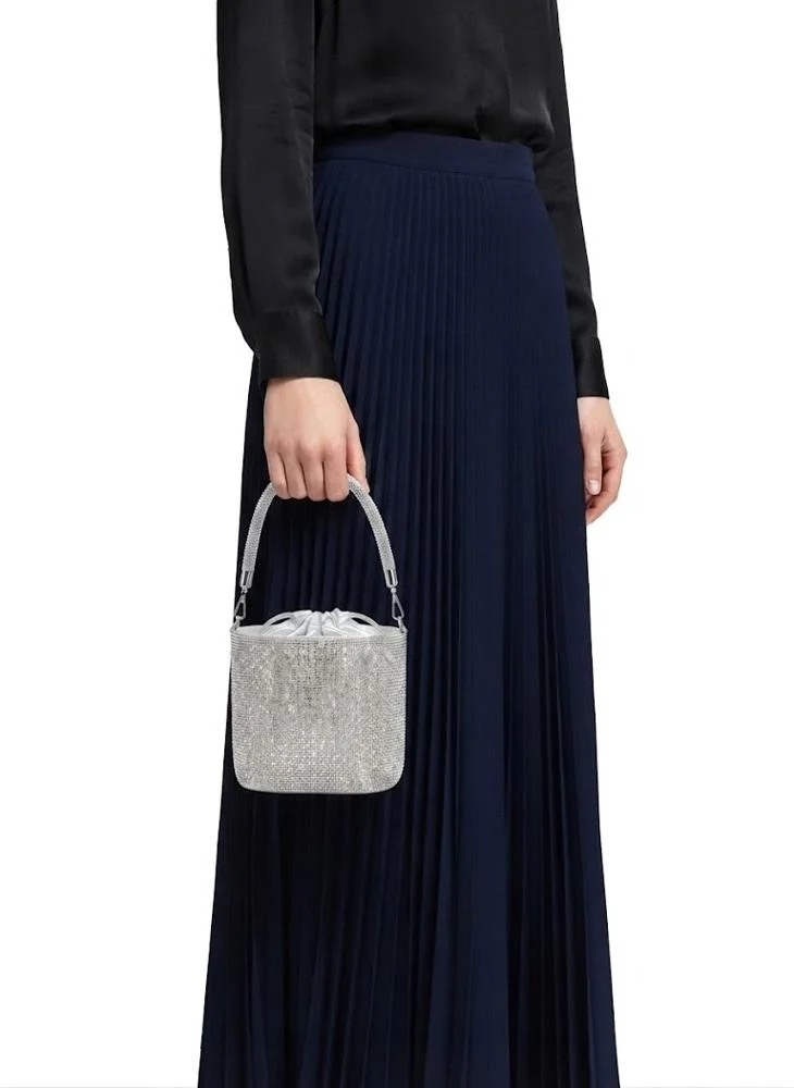 Viny Silver Viny Women's Crystal Mesh Bucket Bag – Rhinestone Top Handle with Drawstring Closure for Women | Best Price UAE