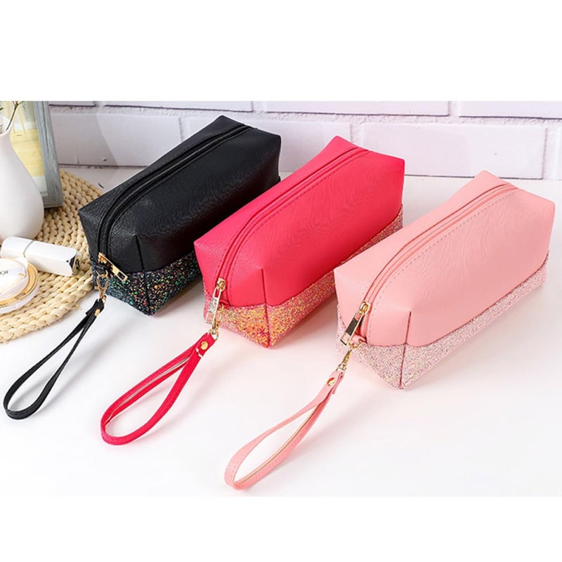 Mini Glitter Cosmetic Bag Portable Travel Toiletry Pouch For Women Pink Pu Leather Zipper Closure - Image 3