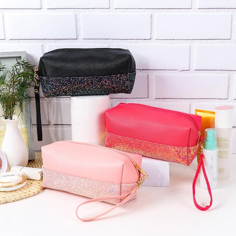Mini Glitter Cosmetic Bag Portable Travel Toiletry Pouch For Women Pink Pu Leather Zipper Closure - Image 4