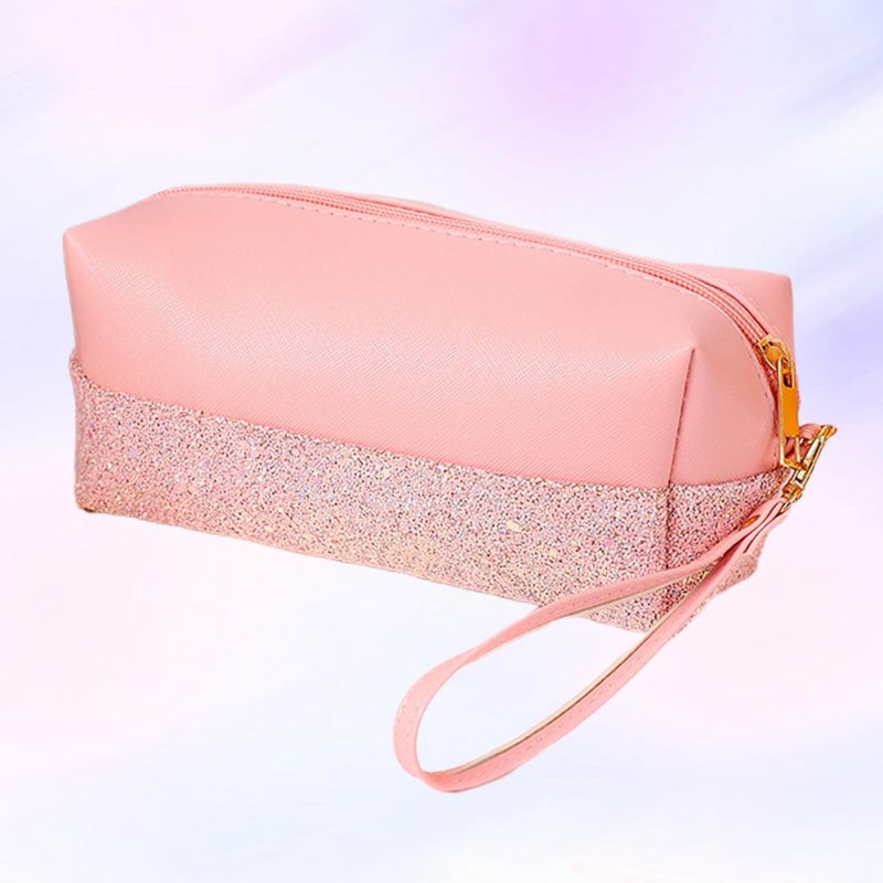Mini Glitter Cosmetic Bag Portable Travel Toiletry Pouch For Women Pink Pu Leather Zipper Closure - Image 5